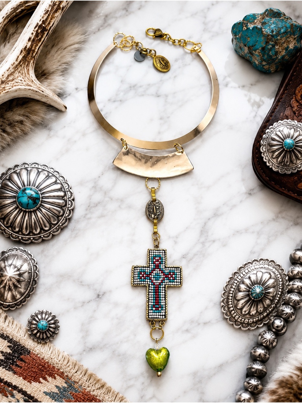 Rubyrudi Western Boho Gold-Tone Southwestern Beaded Cross Pendant Necklace OOAK